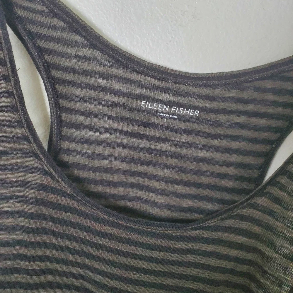 Eileen Fisher Striped‎ Linen Knit Racerback Tank Dress Grey Black Size Large